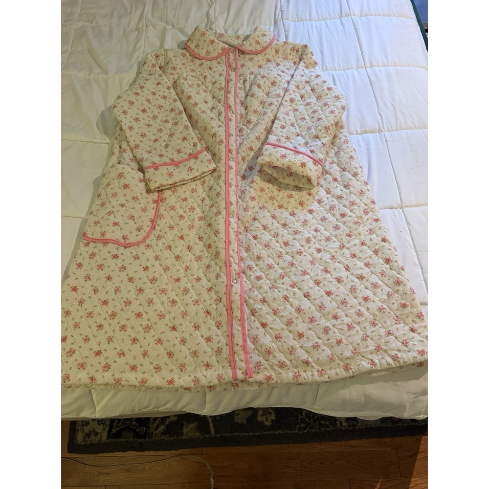 Vintage Margo Of California Quilted Floral Housecoat XL Robe Pink/white RN 34067
